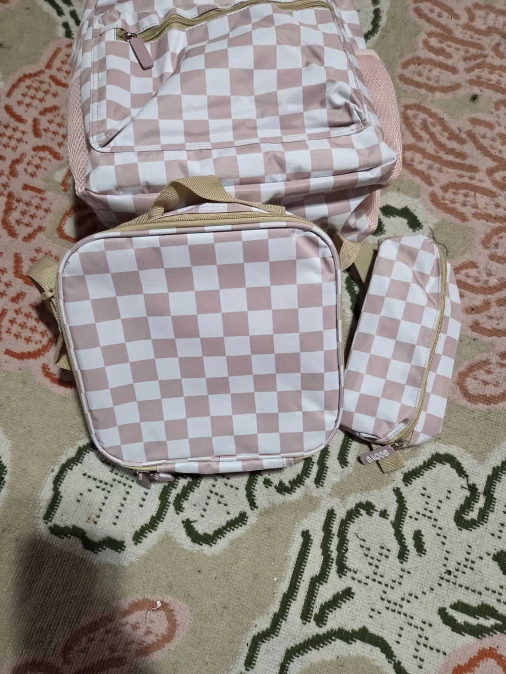 Pink Checkered Backpack for Kids W/ matching lunchbag and pencil case